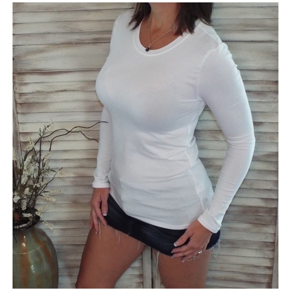 Round Neck Long Sleeve Cotton Top White 2519 - Picture 3 of 5